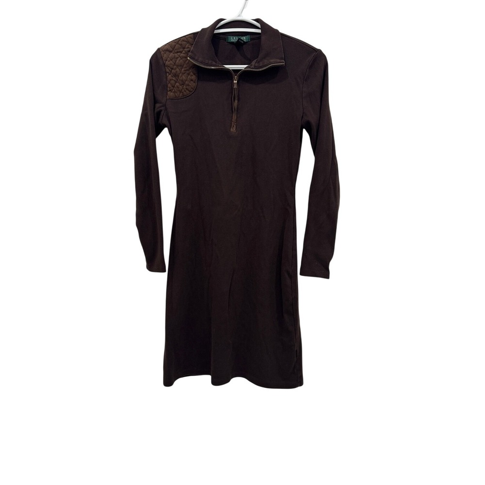 Lauren Ralph Lauren Brown Suede Shoulder Quarter Zip Cotton Dress S